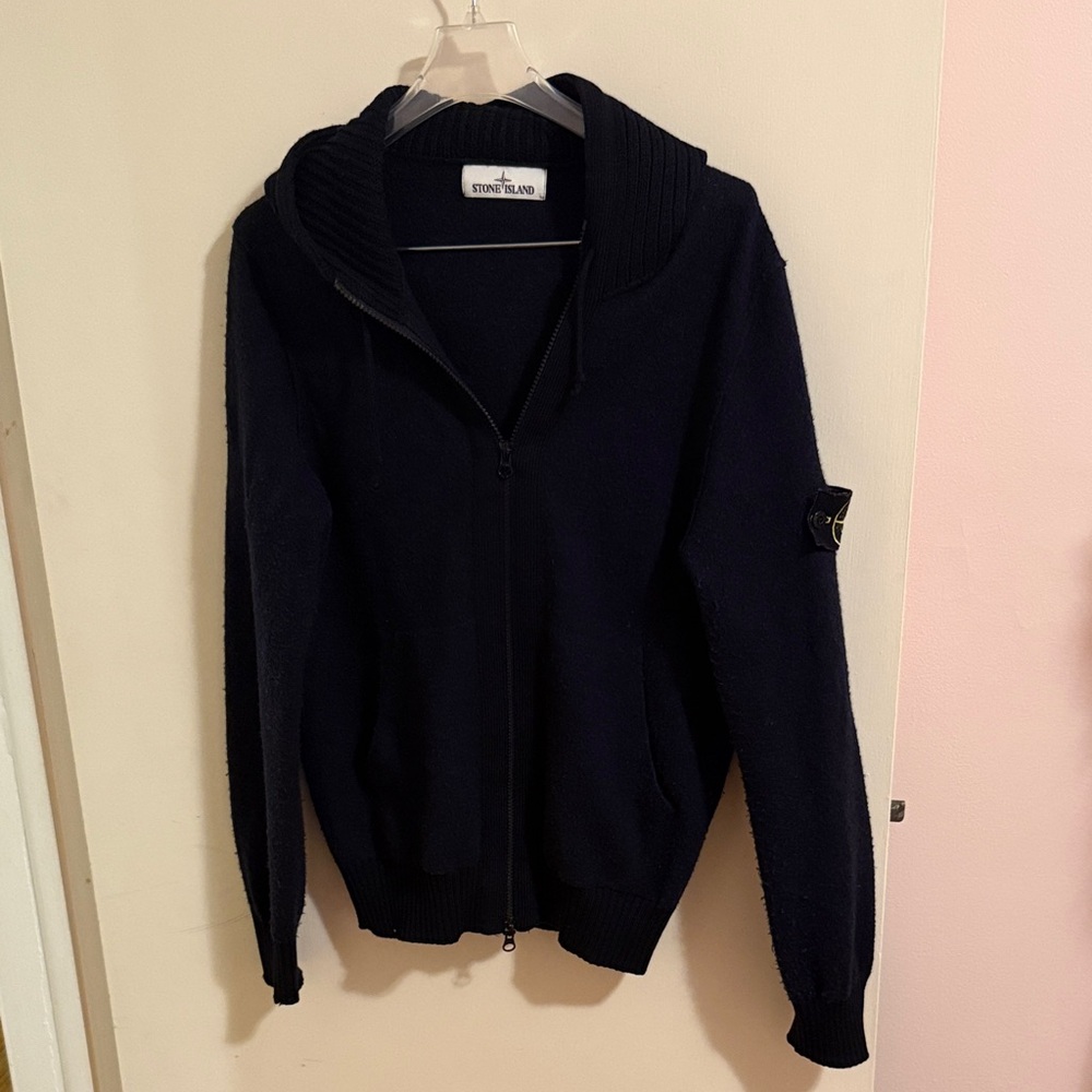 Stone Island Men's Navy Zip-Up wool Sweater